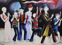 P. Kor, oil on canvas, Procession of figures, signed, 76 x 102cm, unframed