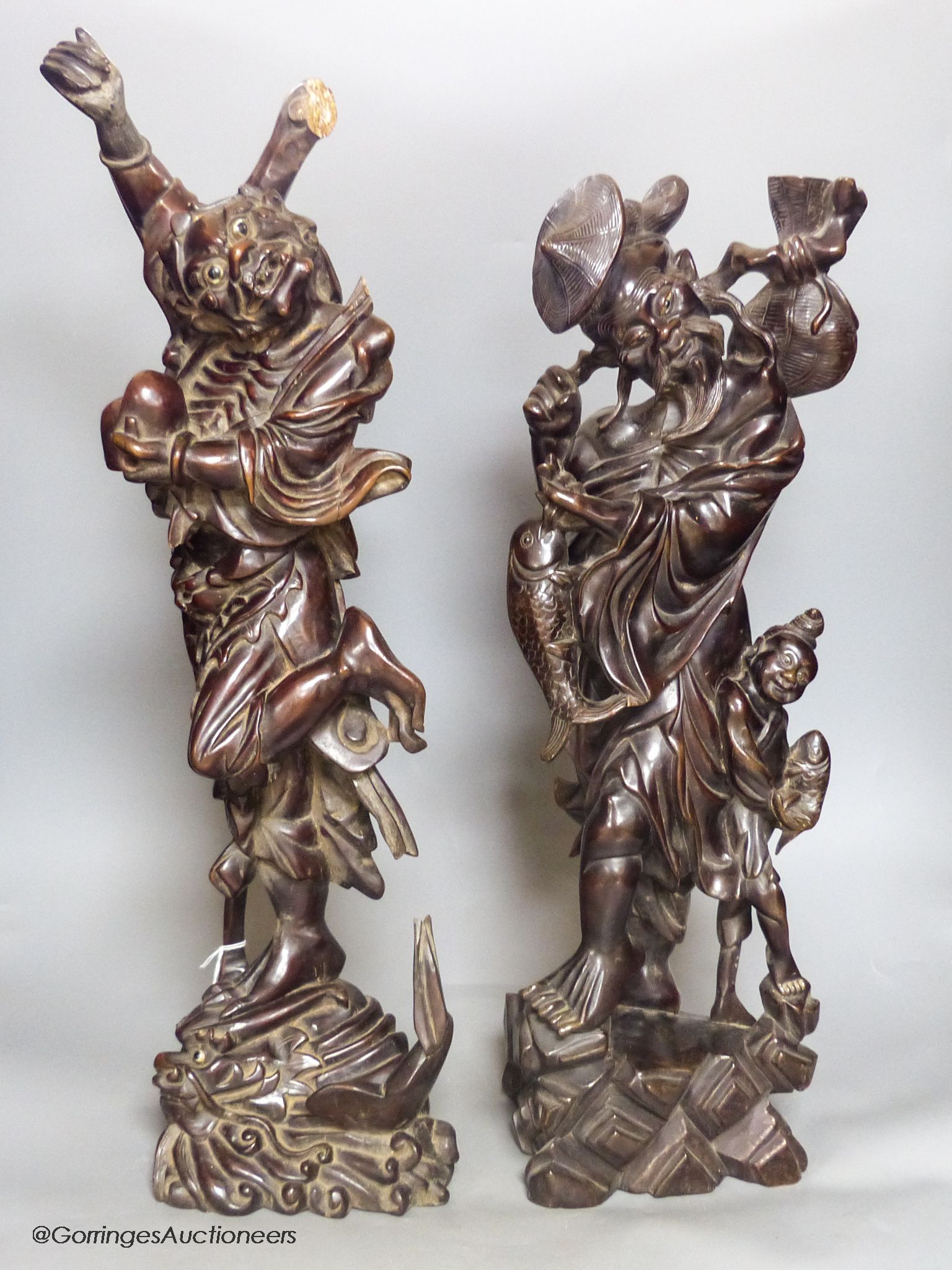Two early 20th century Chinese hardwood figures of a demon and a fisherman, tallest 61cm - Image 8 of 8