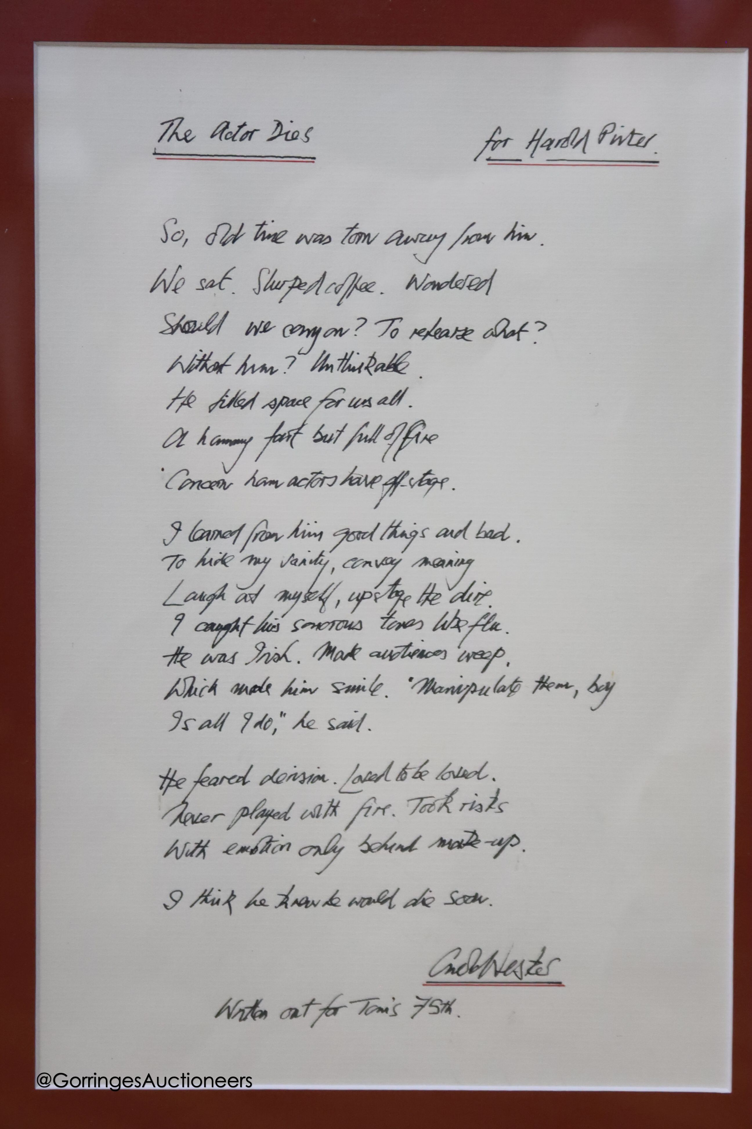 Carol Webster, A handwritten poem The Actor Dies for Harold Pinter, inscribed at the bottom ' - Image 2 of 3