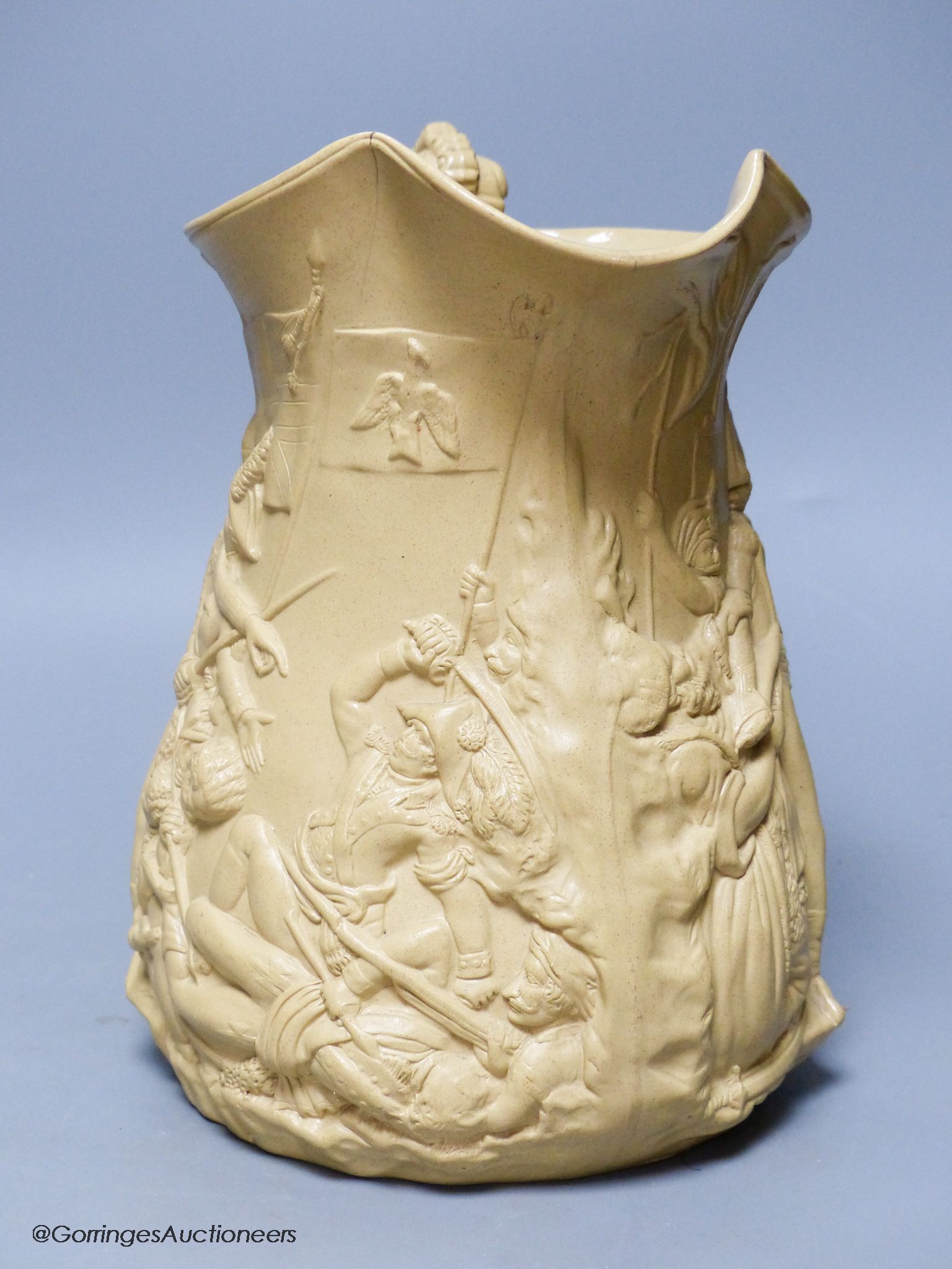 A Victorian relief moulded buff coloured stoneware jug by Samuel Alcock, The Seige of Acre, circa - Image 2 of 5