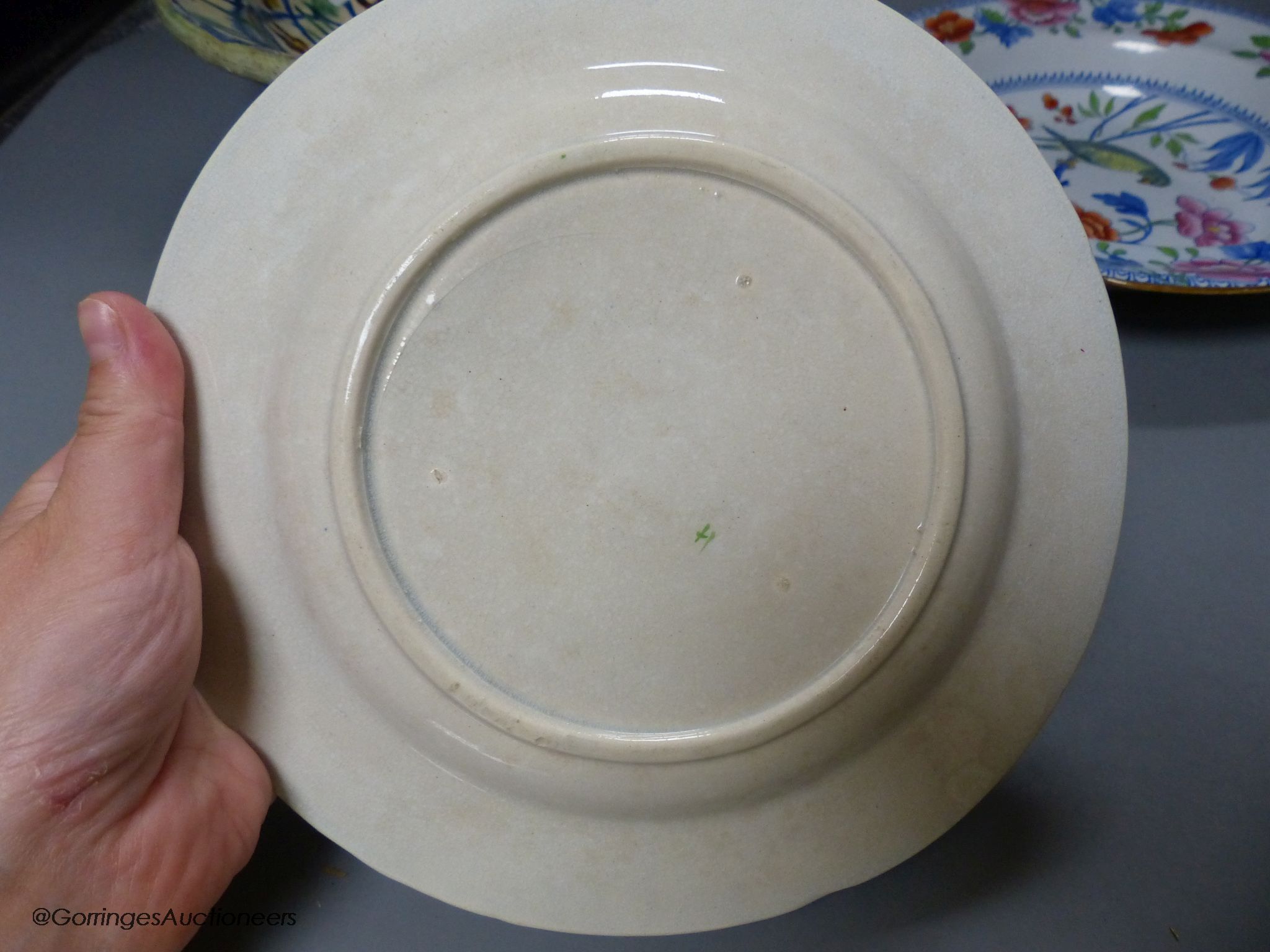 A Moroccan terracotta dish, an Ironstone dish, a green and white leaf dish, largest 30cm - Image 6 of 9