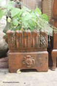 A pair of square terracotta garden urns, width 26cm height 29cm