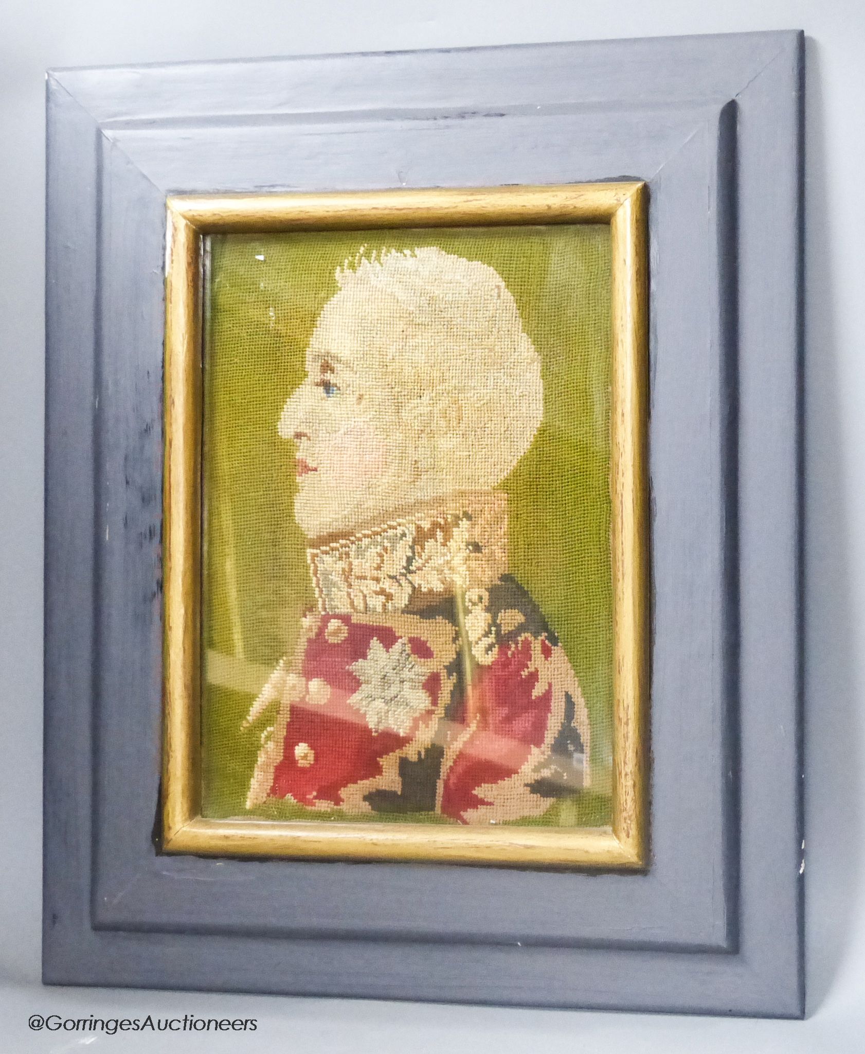 A 19th century petit-point needlework portrait, Duke of Wellington, later framed, 32 x 22cm