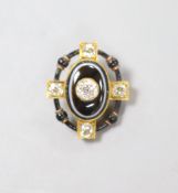 A Victorian yellow metal, banded agate, diamond and black enamel set mourning stick pin head, (no