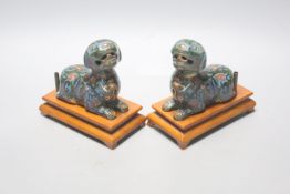 A pair of Chinese cloisonne enamel 'hound' joss-stick holders, 20th century