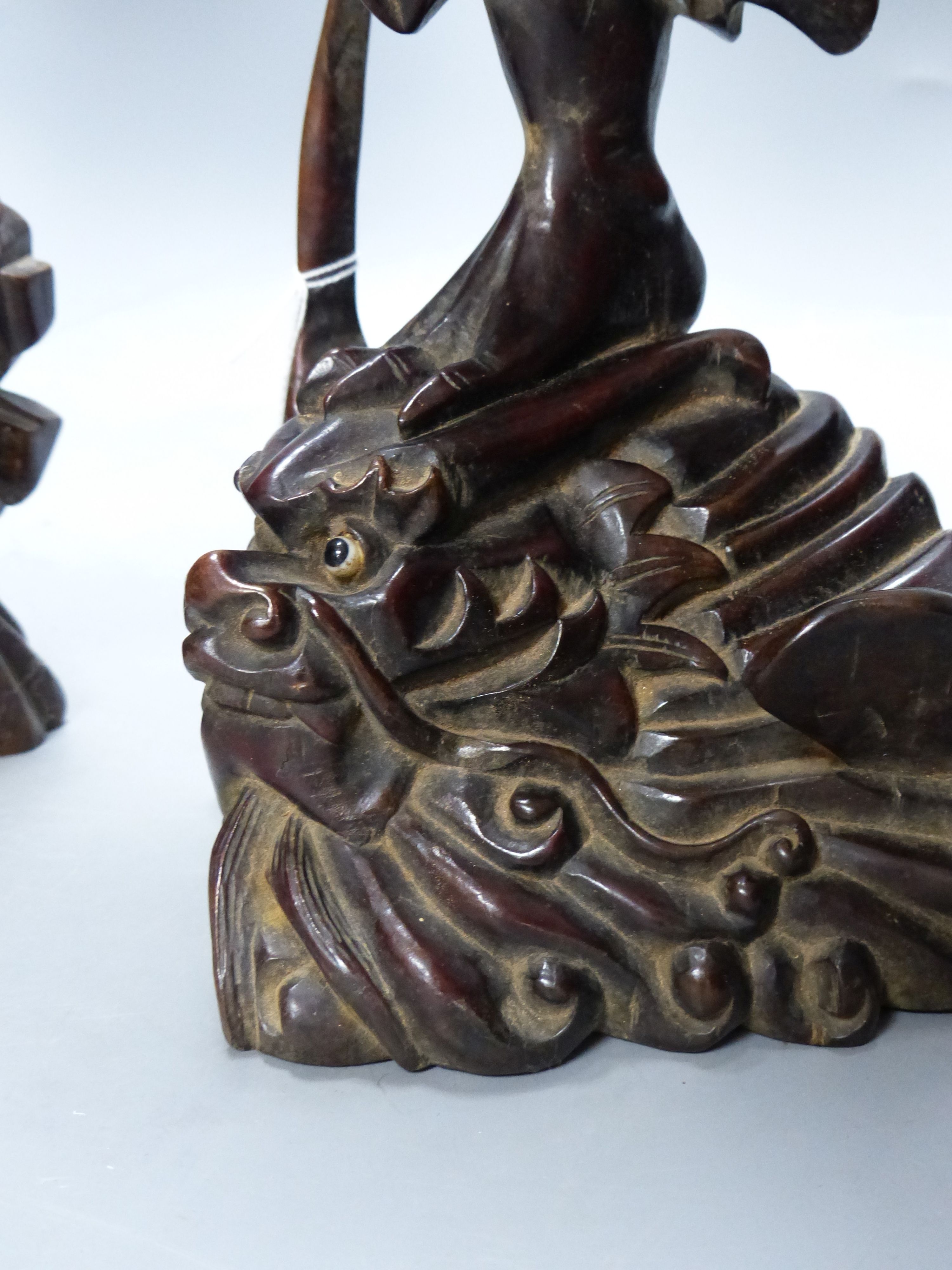 Two early 20th century Chinese hardwood figures of a demon and a fisherman, tallest 61cm - Image 4 of 8