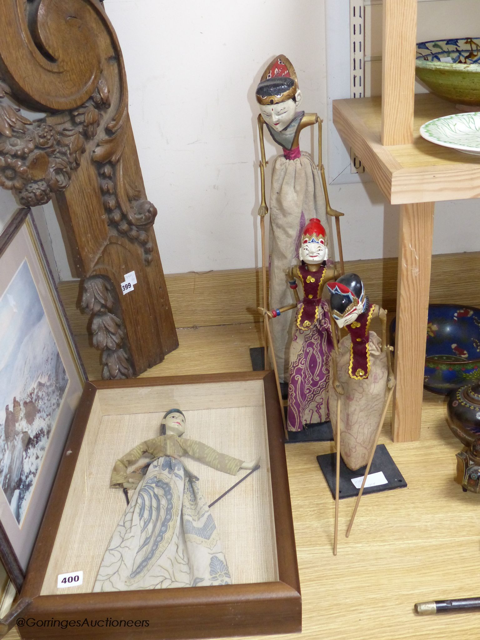 Three Indonesian stick puppets and another framed puppet, tallest 59cm - Image 2 of 6