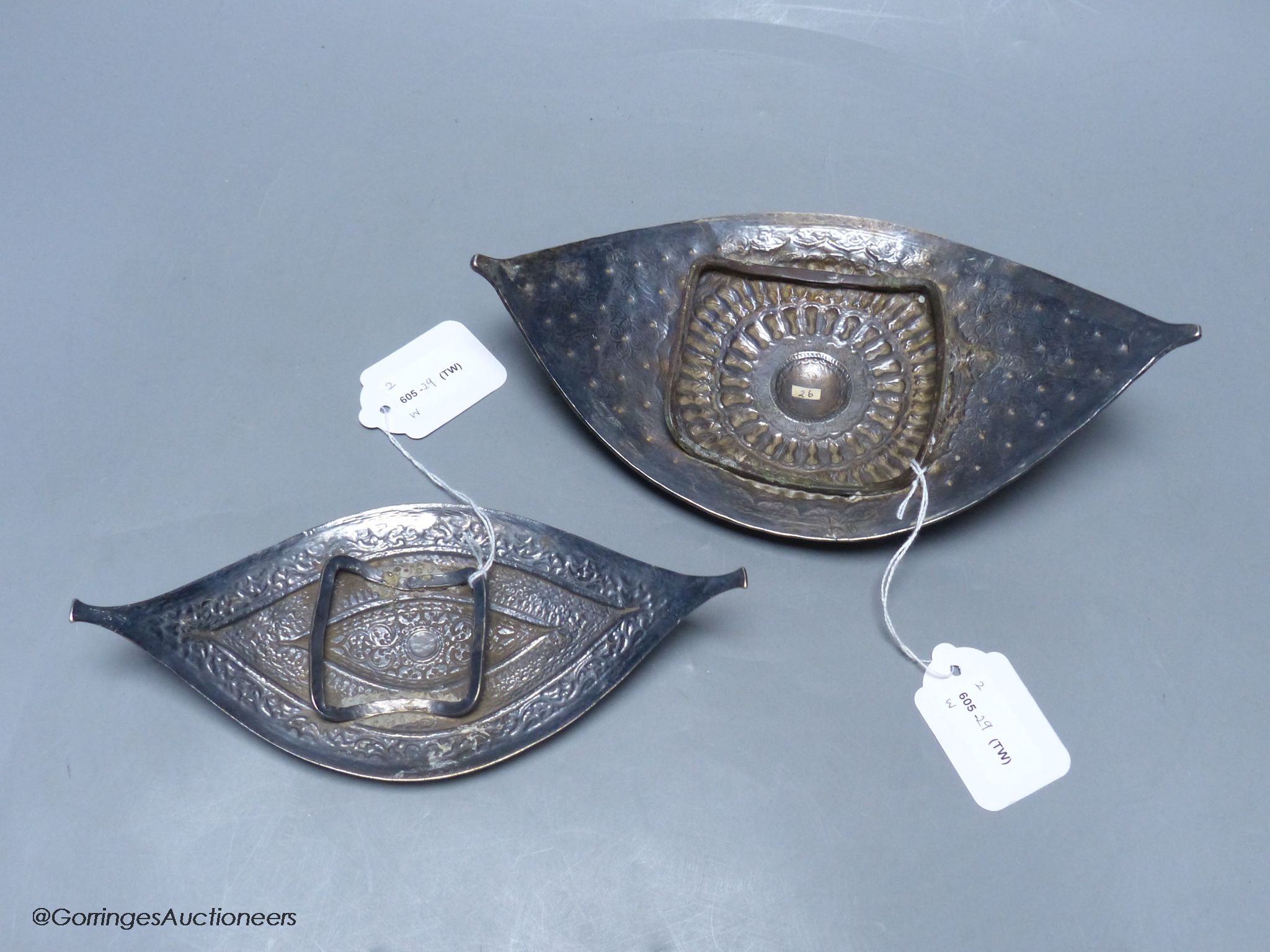 A Chinese Straits large white metal belt buckle, of curved navette form and a similar smaller - Image 4 of 4