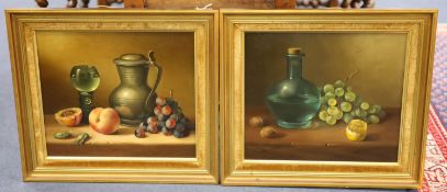 Brian Davies, pair of oils on canvas, Still lifes of fruit and flagons, signed, 30 x 35cm