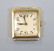 A 1920's 18ct gold square cased manual wind wrist watch, no strap, case diameter 26mm ex. crown,