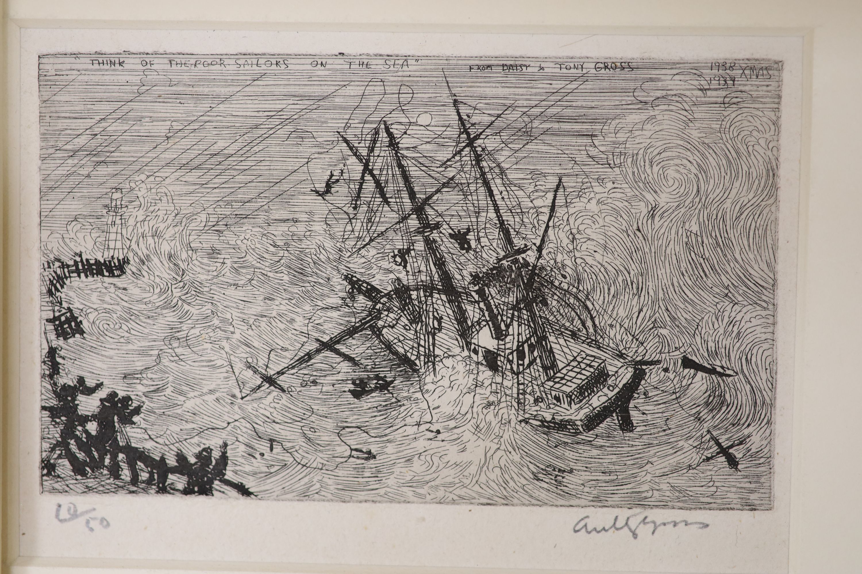 Anthony Gross (1905-1984), two etchings, ‘Think of the poor sailors on the sea, Xmas 1938’ & ‘Cold - Image 3 of 3