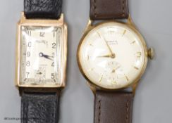 A gentleman's 1930's 9ct gold Rotary rectangular manual wind wrist watch (lacking winding crown) on