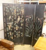 A Chinese ebonised four fold draught screen, painted each side with exotic birds and foliage, each