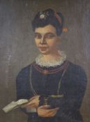 19th century French school, a stylised waist length portrait of a young lady, wearing pearls and