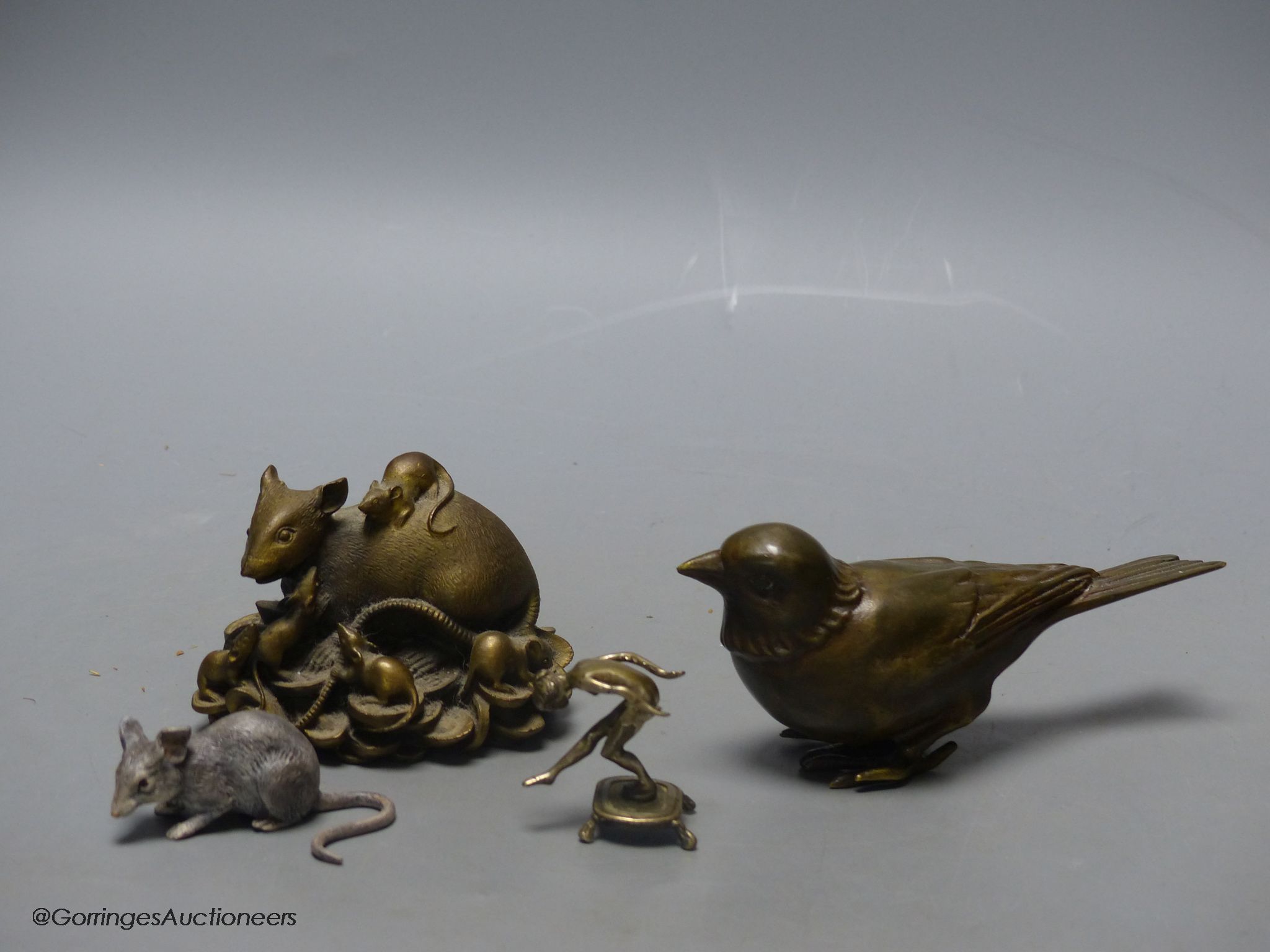 After Franz Bergmann, two cast bronze models of mice, a model of a bird, after Max le Verrier, - Image 2 of 6