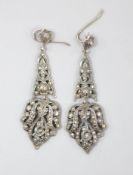 A pair of white metal and marcasite set drop earrings, 63mm.