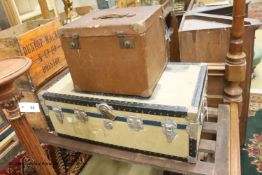 A Victorian tan leather and canvas domed top trunk, width 76cm, depth 60cm high together with two