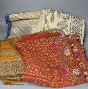 Two Indian mirrored embroidered panels, a gold thread embroidered sari, a chain stitched panel and