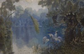 Ferdinand Schebek (1875-1949), oil on canvas board, Herons beside a lake, signed and dated 1912,