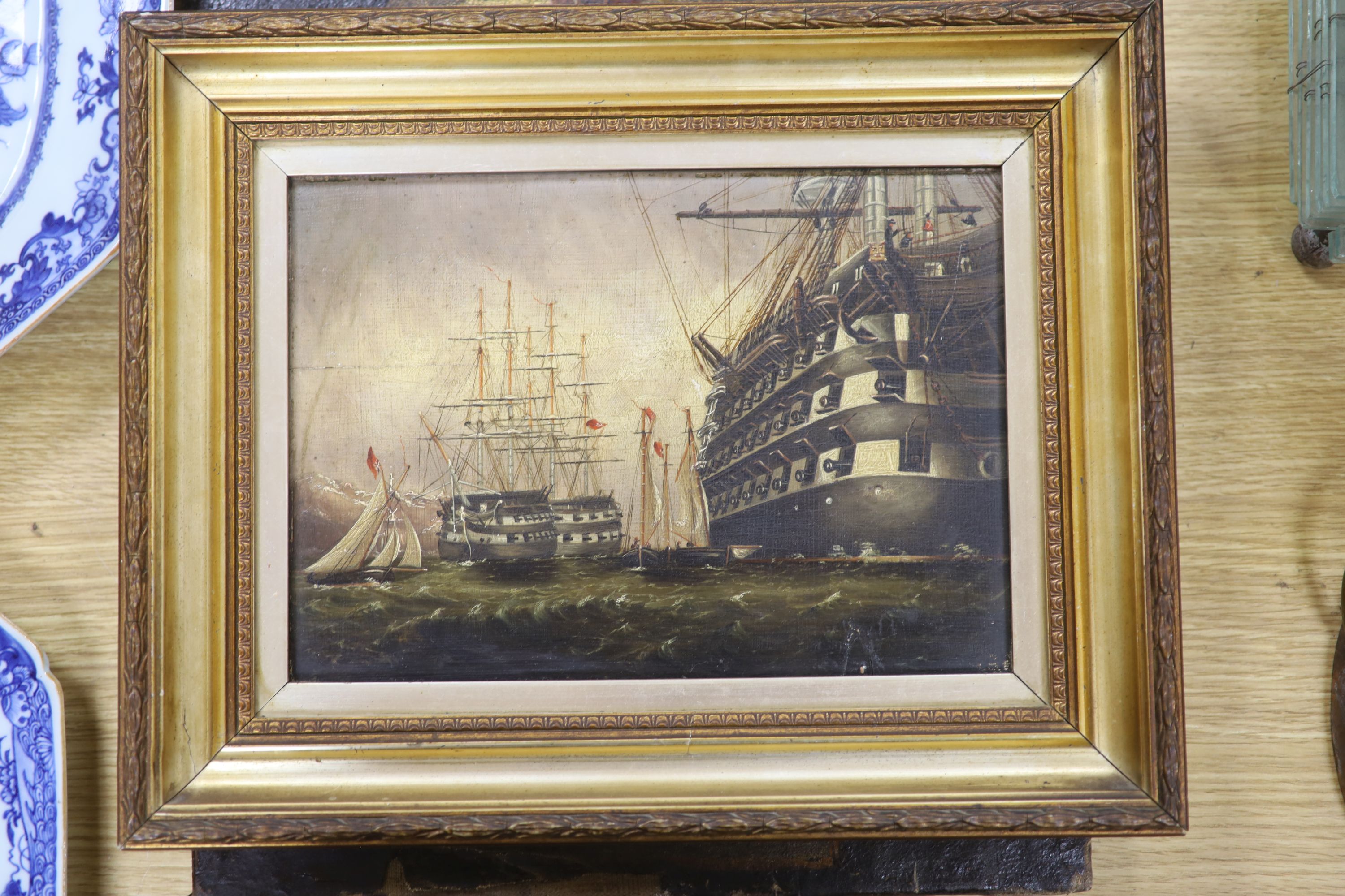 19th century English School, oil on panel, Warships in harbour, 19 x 27cm - Image 2 of 2