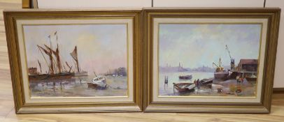 Charles Smith (Wapping Group), two oils on board, 'Bugbys, Greenwich Reach' and 'Barges at Pin