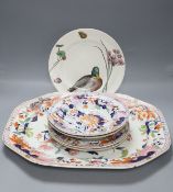 A Masons patent ironstone Imari pattern meat dish, 47cm, four plates and a Minton WS Coleman duck