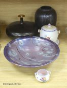 A Jane Woodford lustre pottery bowl and various mixed pottery, largest diameter 35cm