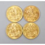 Four George V gold sovereigns, 1926, 1927, 1928 and 1929