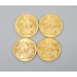 Four George V gold sovereigns, 1911, 1912, 1913 and 1915