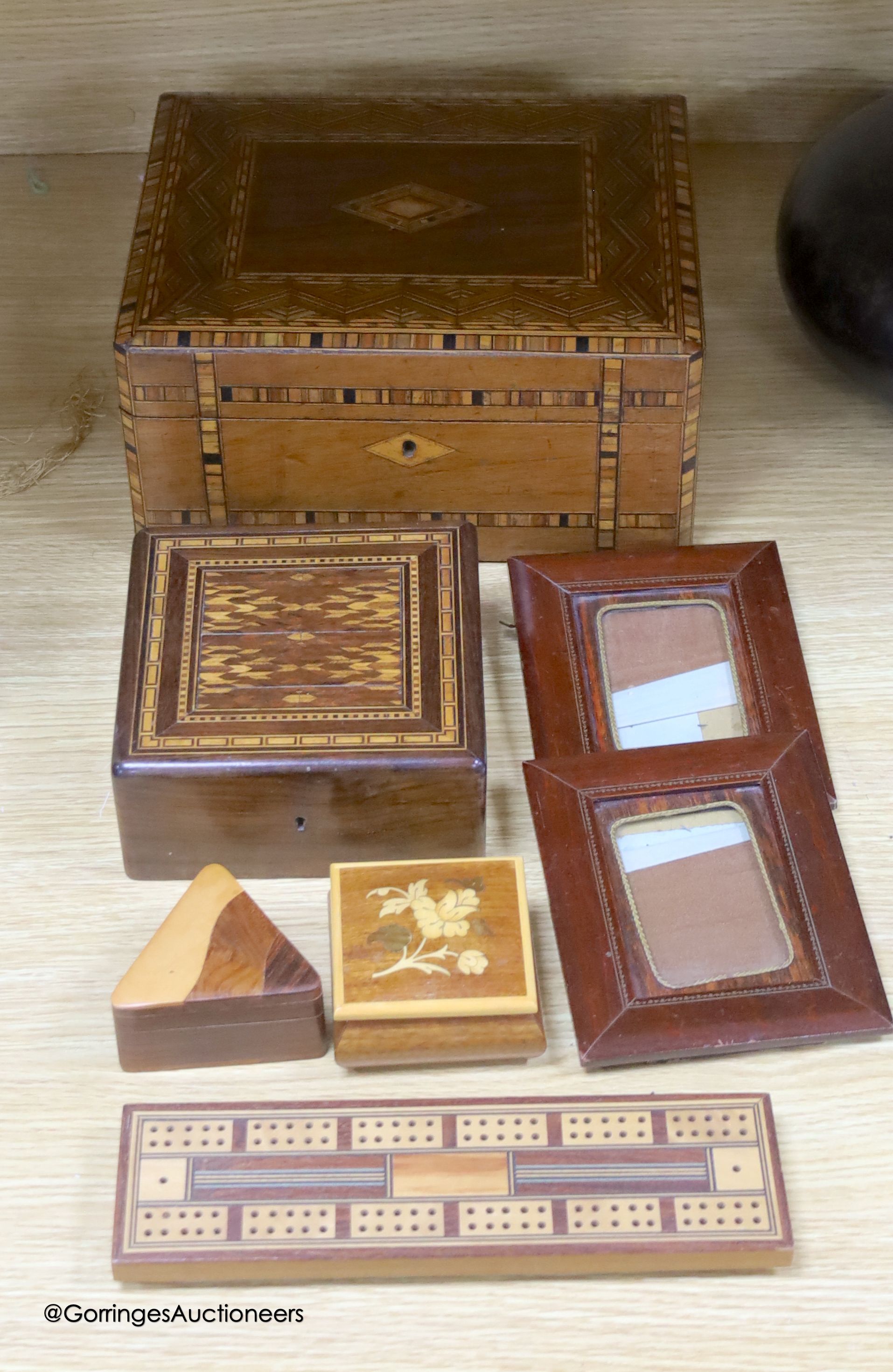 An inlaid writing slope, photo frames, boxes etc