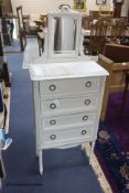 An early 20th century painted pine narrow marble topped dressing chest, width 60cm, depth 30cm,