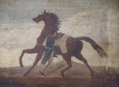 19th century French School, naive oil on canvas, Soldier mounting a horse, 28 x 37cm