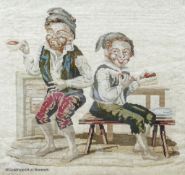 A Victorian petit-point needlework picture of two playful youths, framed, 45 x 53cm
