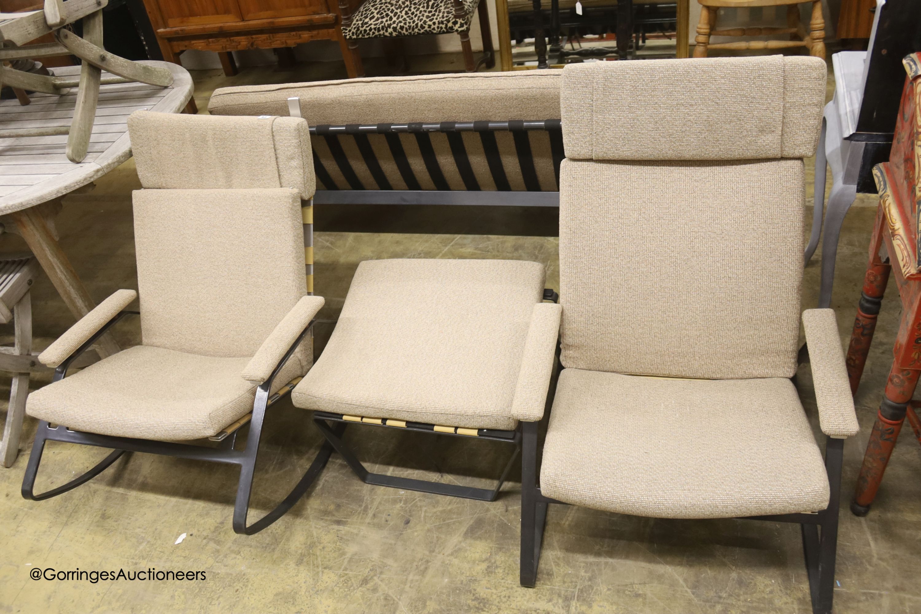 A mid century design wrought metal four piece lounge suite, comprising sofa, length 180cm, chair,