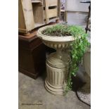 A Victorian buff-glazed stoneware garden urn on fluted pedestal, diameter 53cm height 92cm