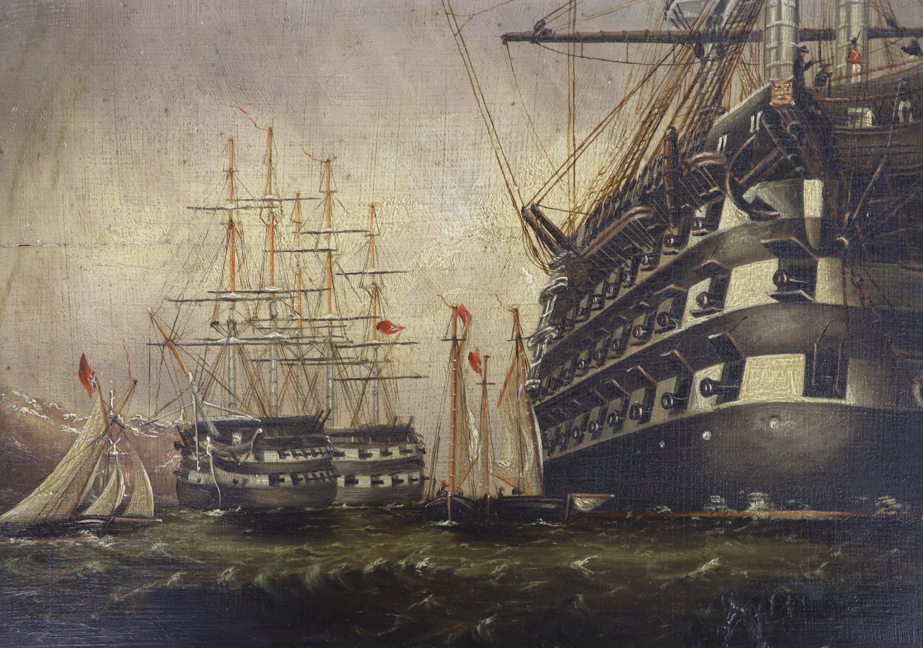 19th century English School, oil on panel, Warships in harbour, 19 x 27cm