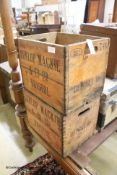 Four vintage wooden wine crates, width 43cm