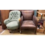 A faux crocodile club chair together with a Victorian spoonback chair
