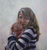 Linda de Canha Payne, Portrait of a woman and child, Mall Galleries label verso, Hesketh Hubbard