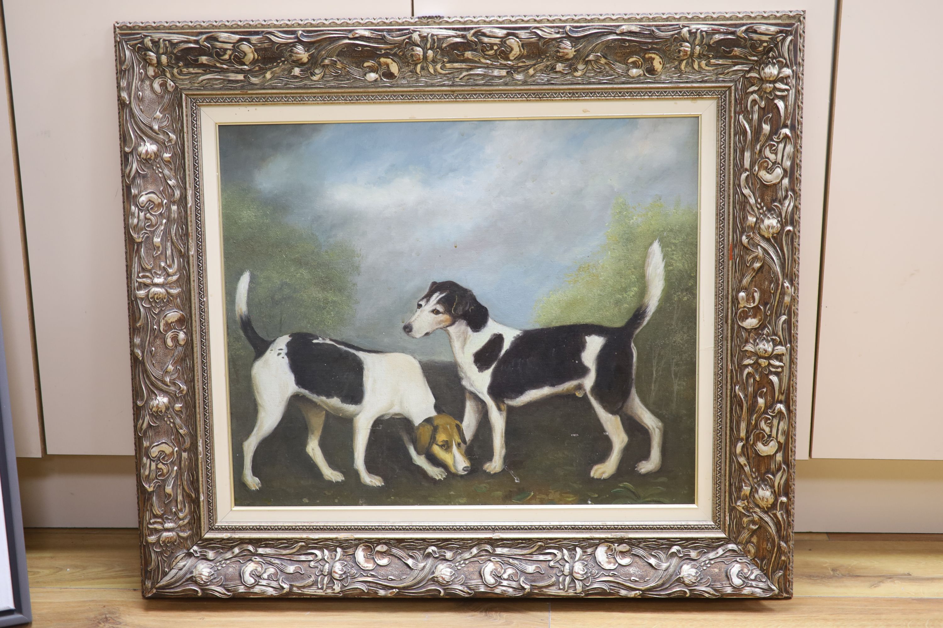 English School, oil on board, Study of two hounds in a landscape, 48 x 58cm - Image 2 of 3
