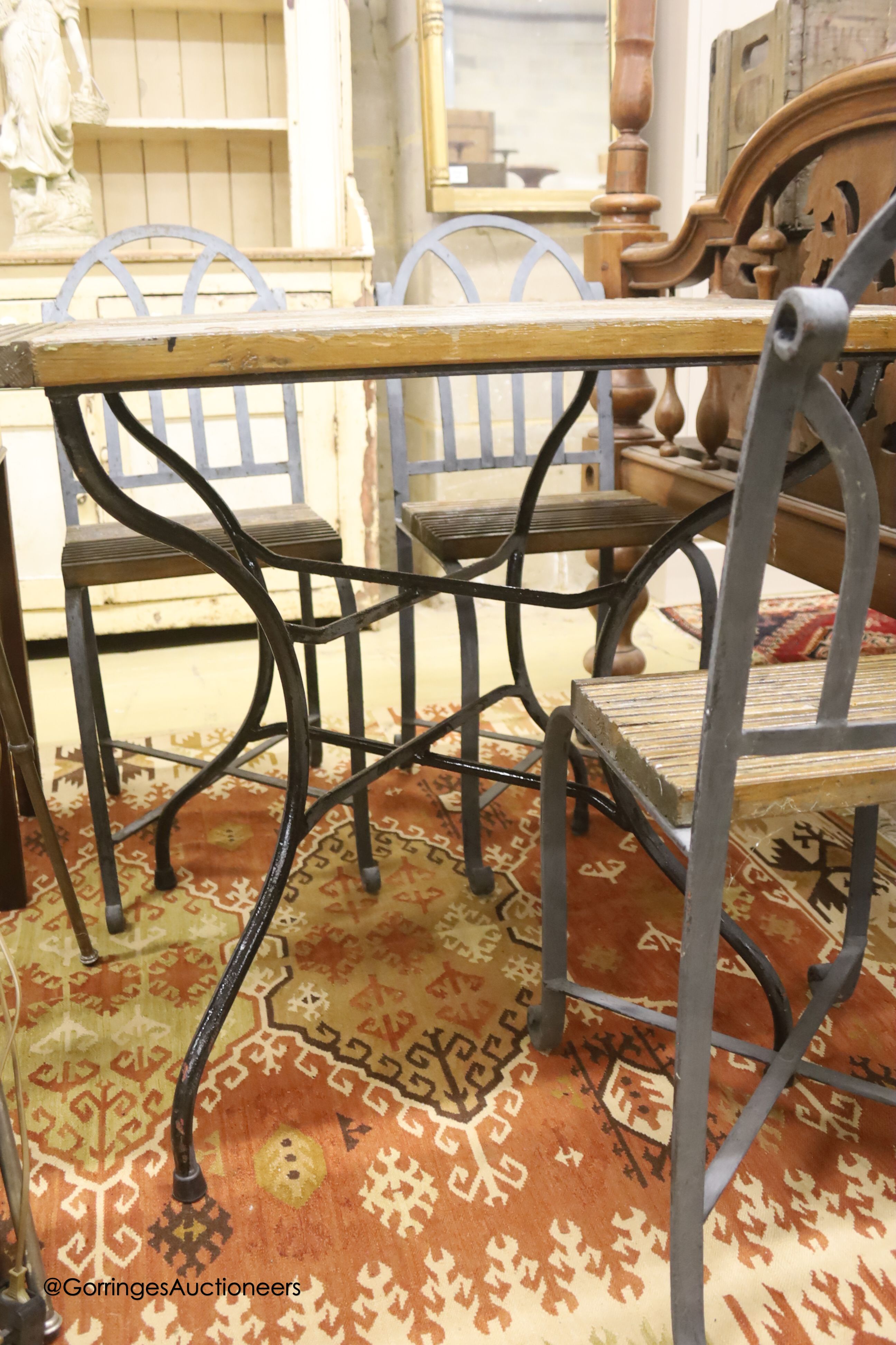 A French slatted wood wrought iron garden table, width 72cm, depth 94cm, height 78cm and four - Image 3 of 4