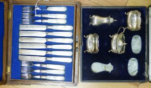 A cased part set of condiments and a cased set of plated fish knives and forks