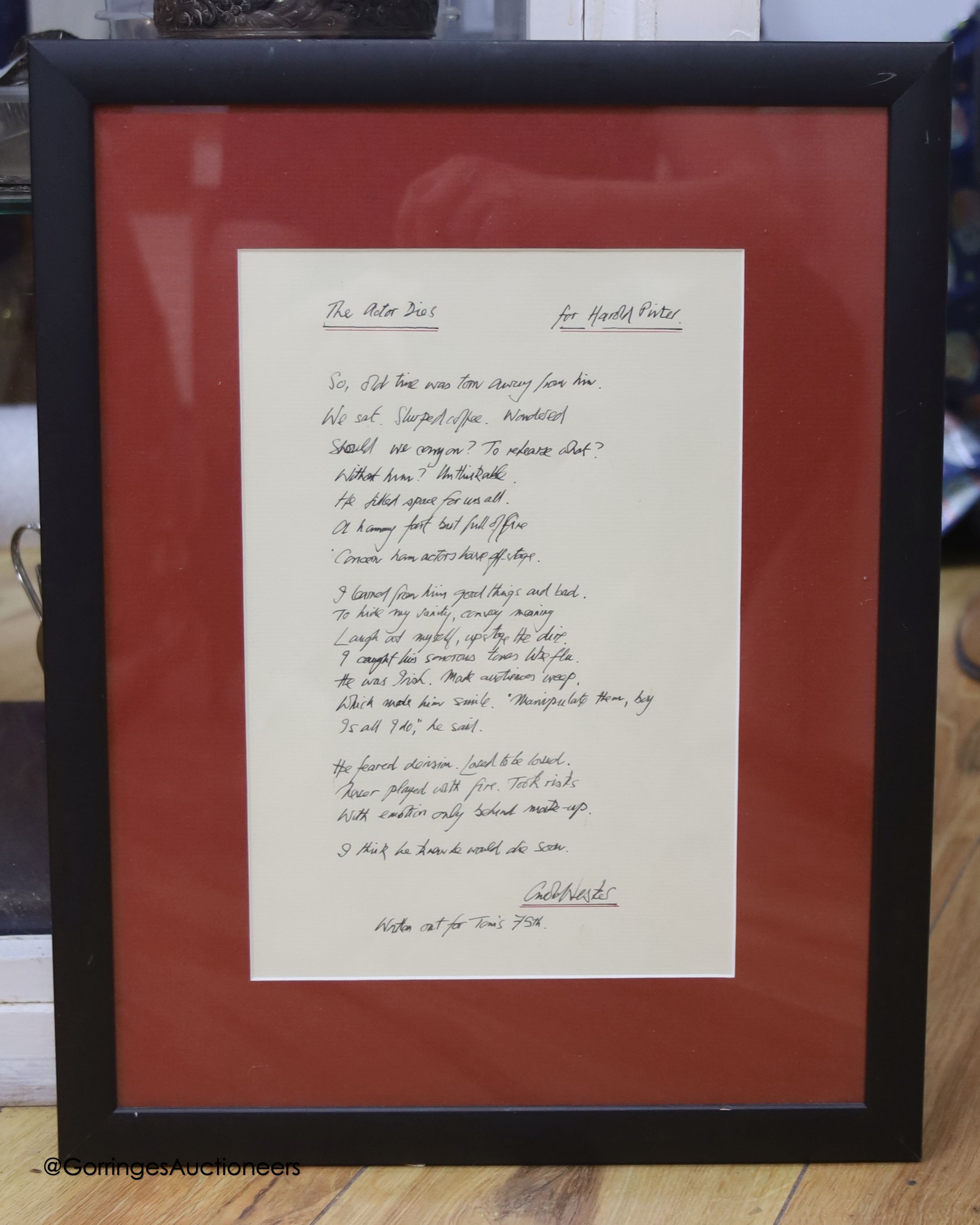 Carol Webster, A handwritten poem The Actor Dies for Harold Pinter, inscribed at the bottom '