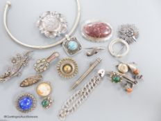 Mixed, silver, white metal and other jewellery including brooches, chain, bracelet and micro