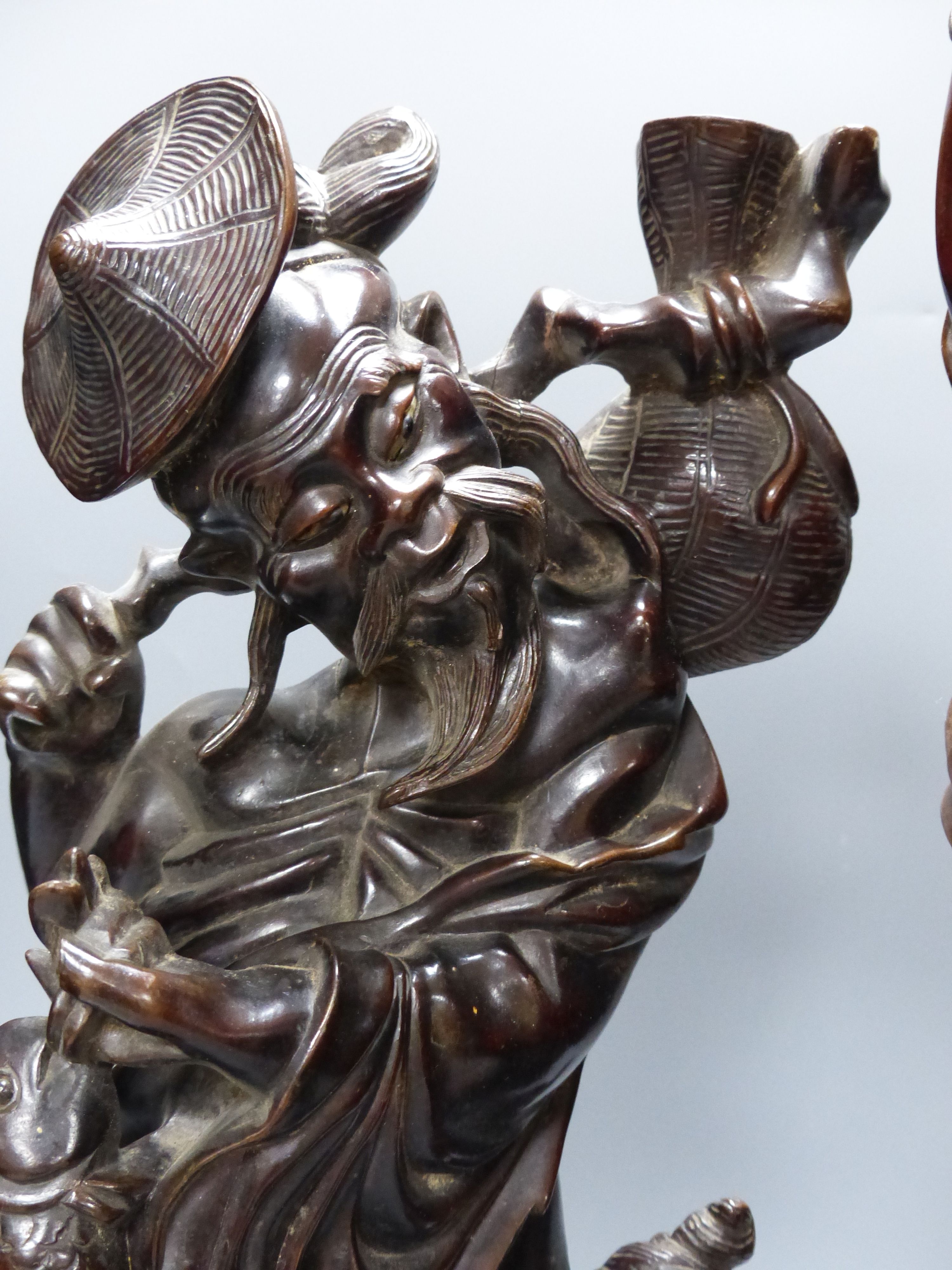 Two early 20th century Chinese hardwood figures of a demon and a fisherman, tallest 61cm - Image 5 of 8