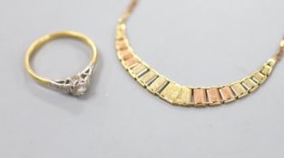 A 9ct three-colour gold bracelet, 3.6 grams and an 18ct gold partially-gem-set ring, gross 2.1