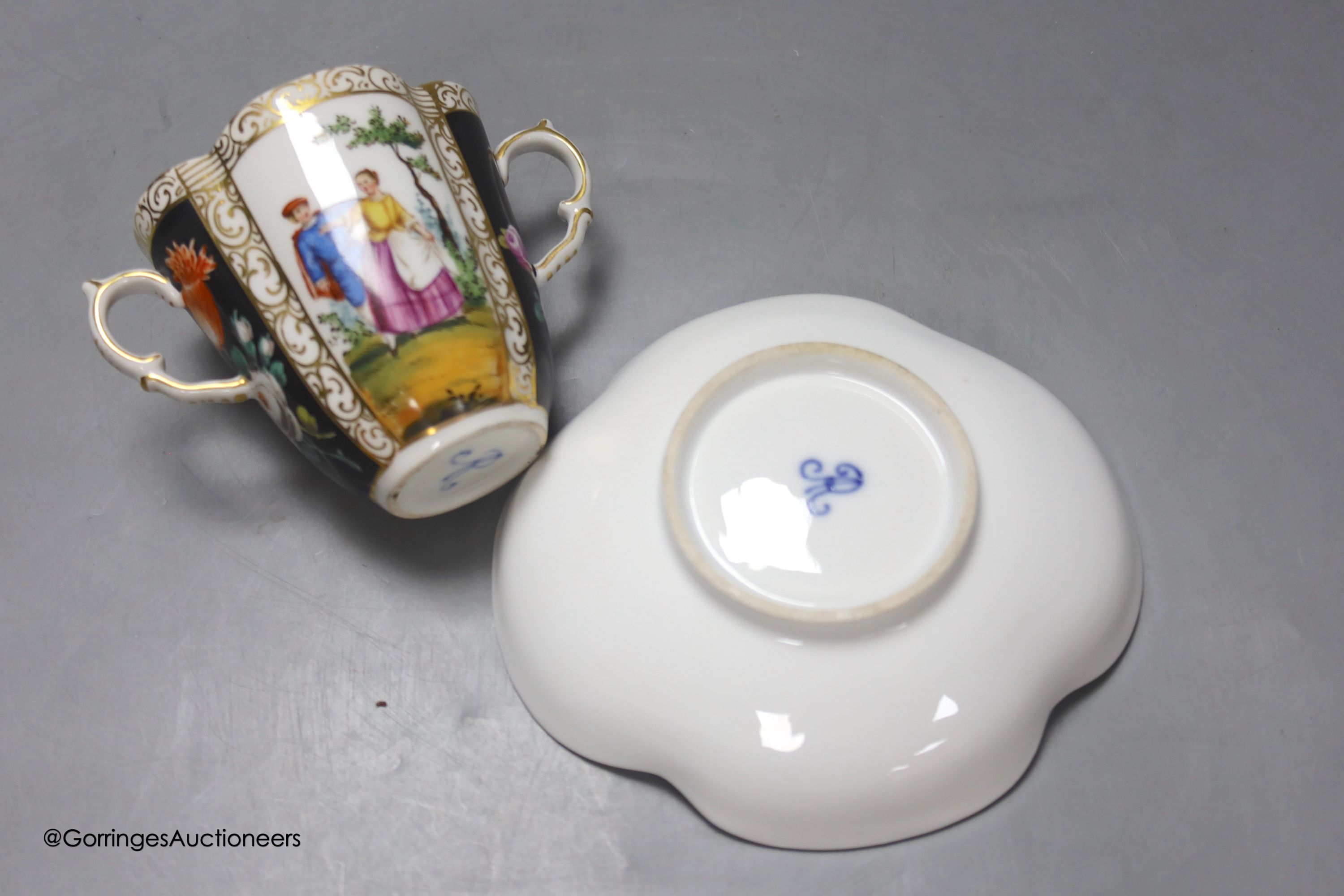 A Dresden two handled cup and saucer, height 8.5cm - Image 4 of 4