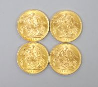 Four George V gold sovereigns, 1927, 1928 (2) and 1932
