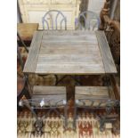 A French slatted wood wrought iron garden table, width 72cm, depth 94cm, height 78cm and four