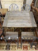 A French slatted wood wrought iron garden table, width 72cm, depth 94cm, height 78cm and four